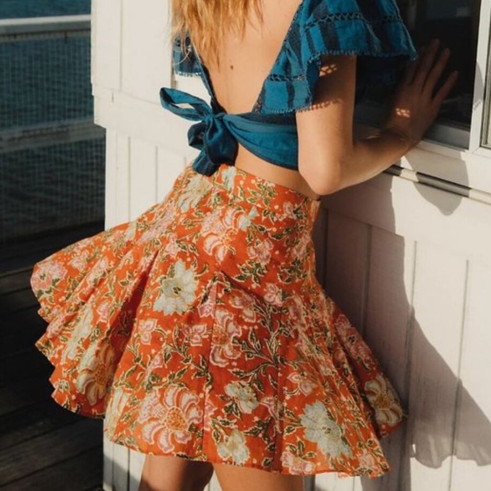 Free People Orange and White Tiered Skater Mini Skirt Size 6